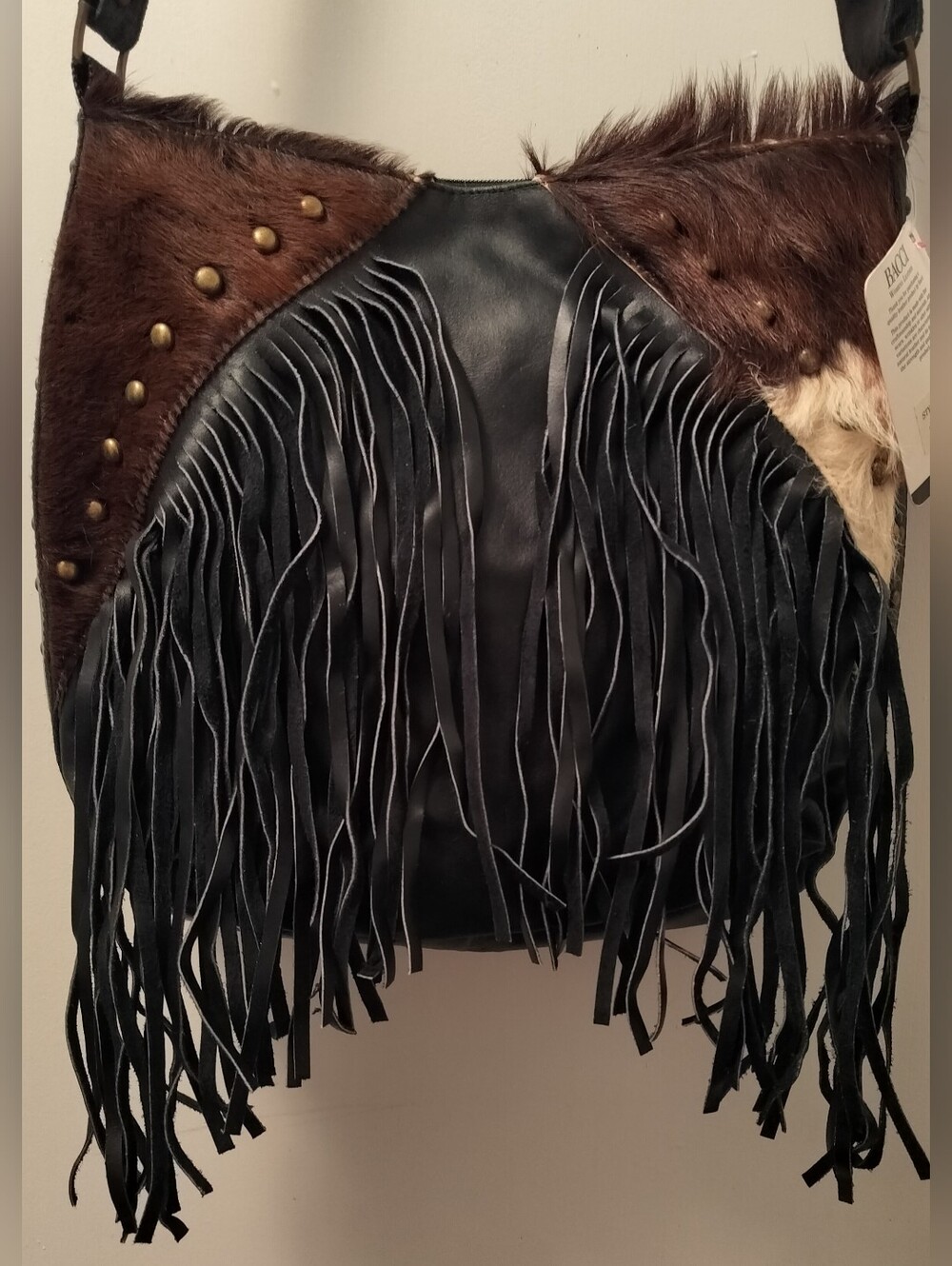Fringed Leather and Fur Shoulder Bag in Black and Brown